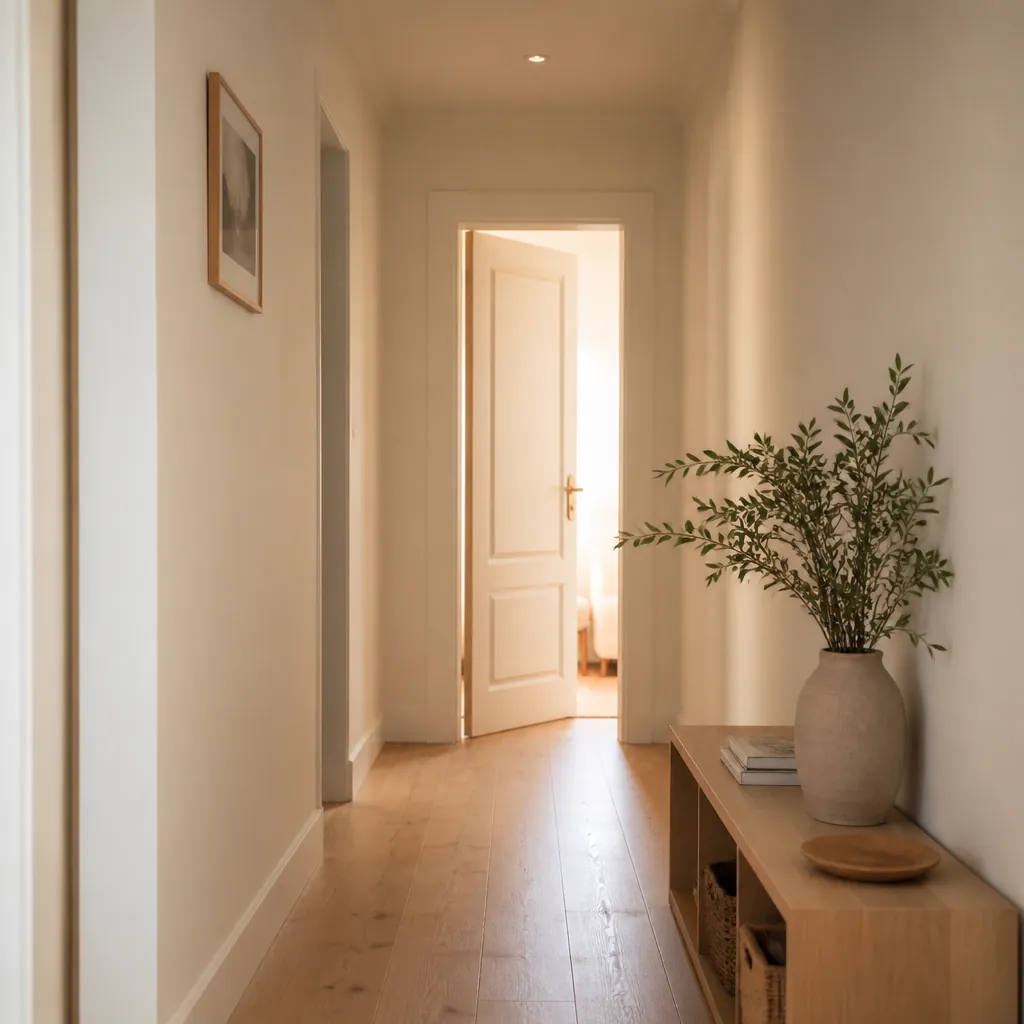Couloir clair de cabinet, porte entrouverte au fond, console en bois et vase de feuillage