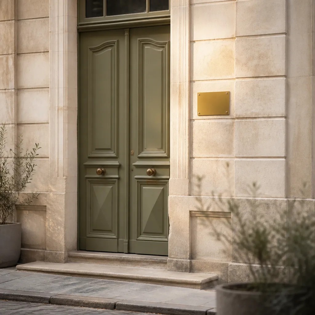 Porte cochère vert olive d’un immeuble en pierre claire, plaque professionnelle en laiton sans inscription