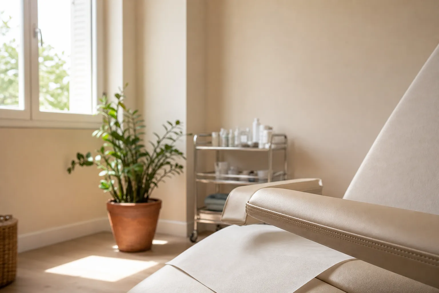 Salle de soin claire au petit matin, fauteuil d’examen crème, plante en pot et desserte à instruments