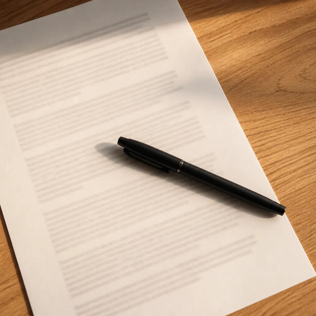 Feuille d’information imprimée posée sur une table en chêne, stylo noir en travers