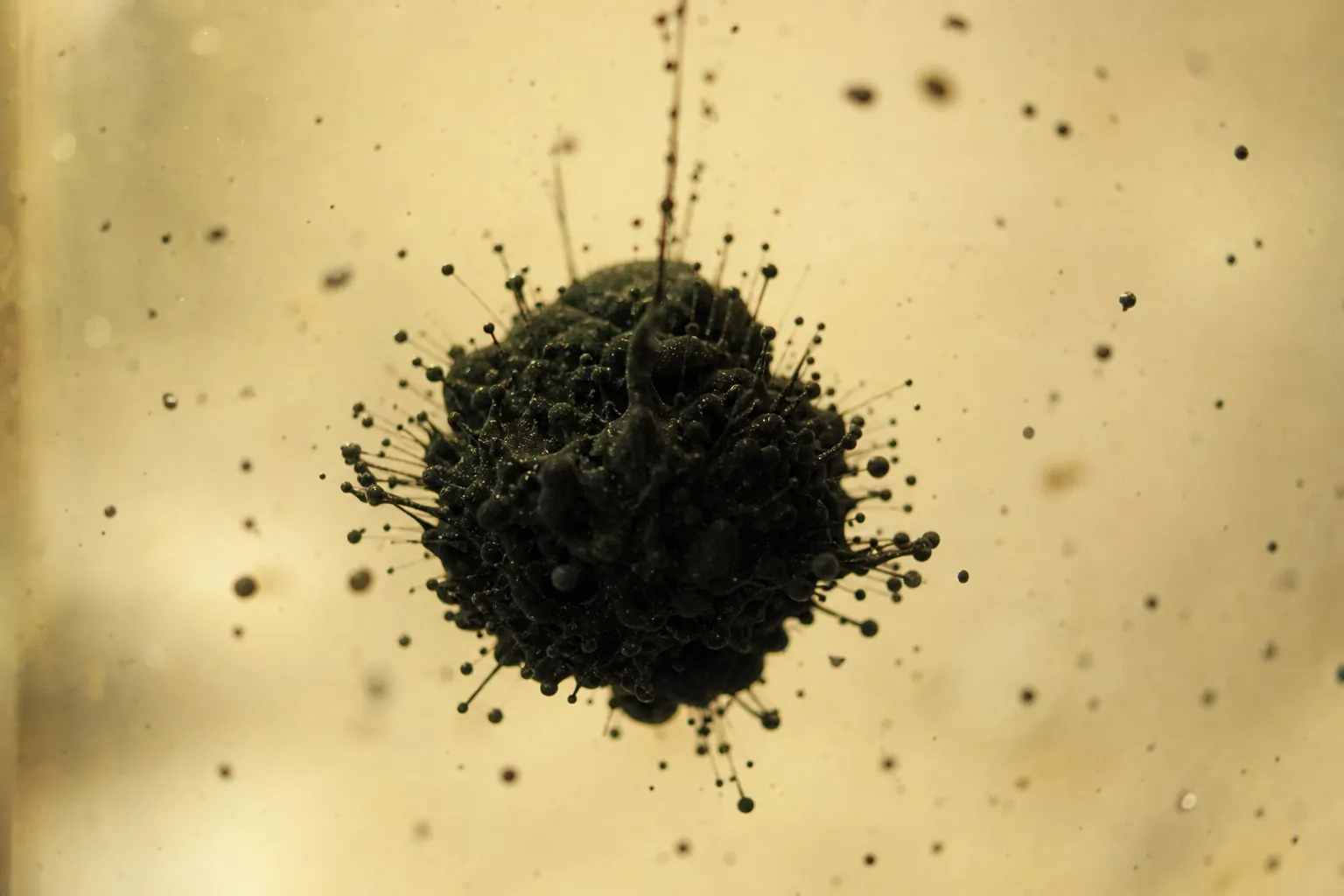 Macrophotographie d’un amas de pigment noir compact en suspension dans un liquide clair