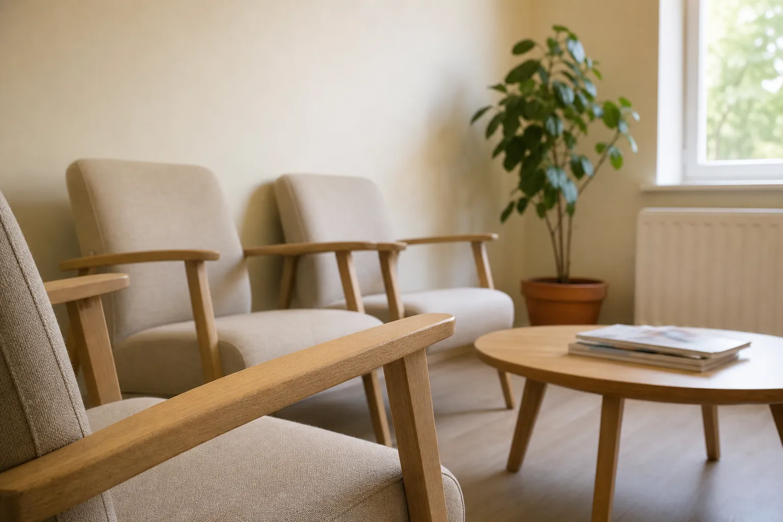 Petite salle d’attente aux fauteuils de tissu écru, plante verte près de la fenêtre et table basse ronde