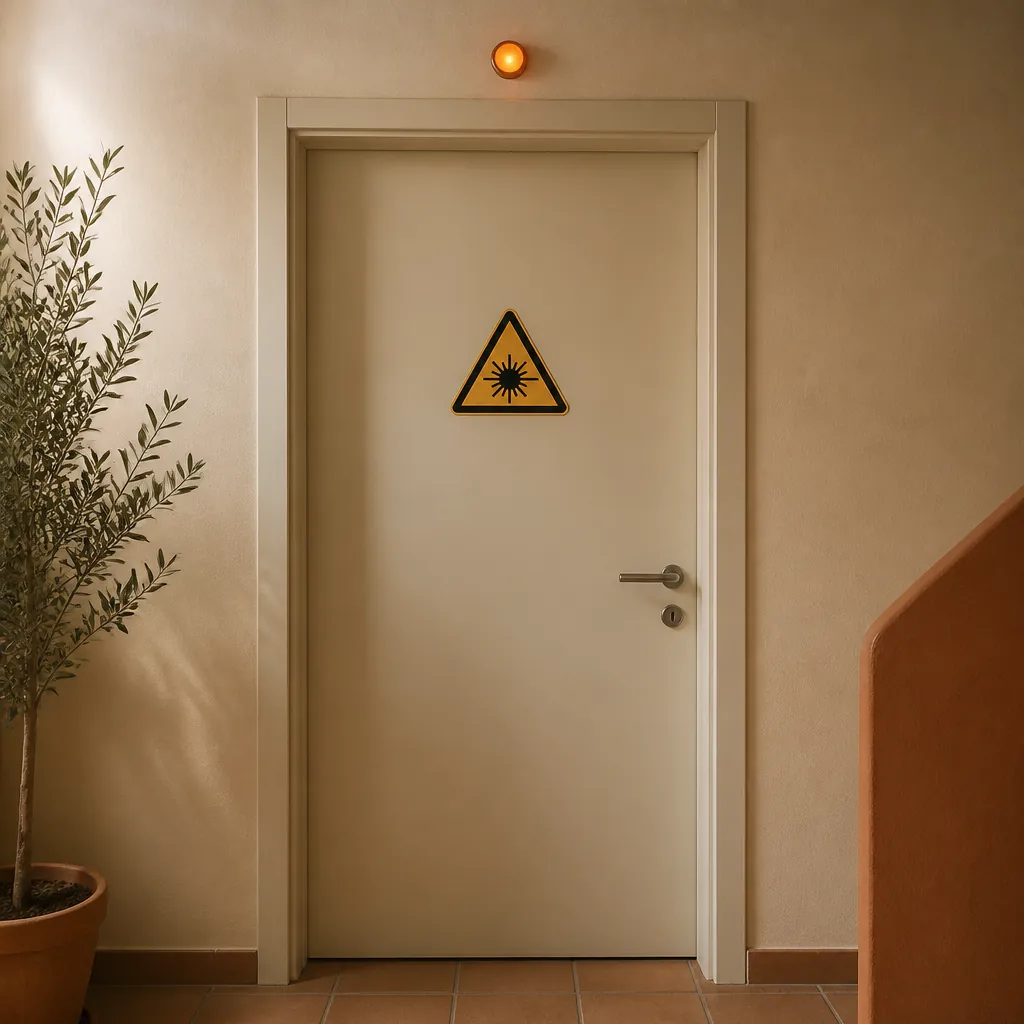 Porte de salle de soin portant un panneau triangulaire de danger laser, voyant orange allumé au-dessus