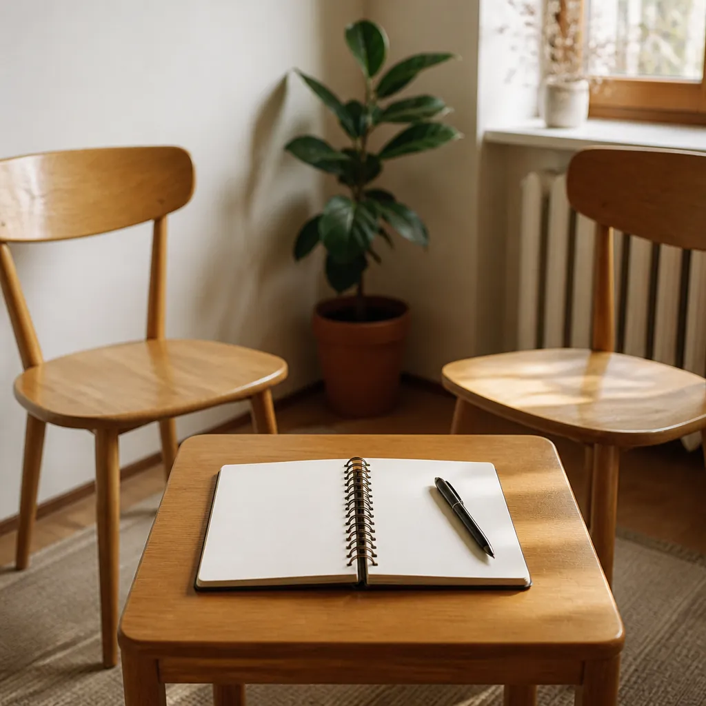 Deux chaises en bois clair face à une table basse, carnet ouvert et stylo posés, pièce vide