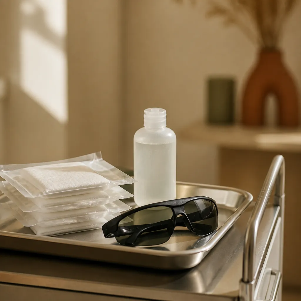 Plateau métallique préparé sur une desserte : compresses sous sachet, flacon et lunettes de protection sombres