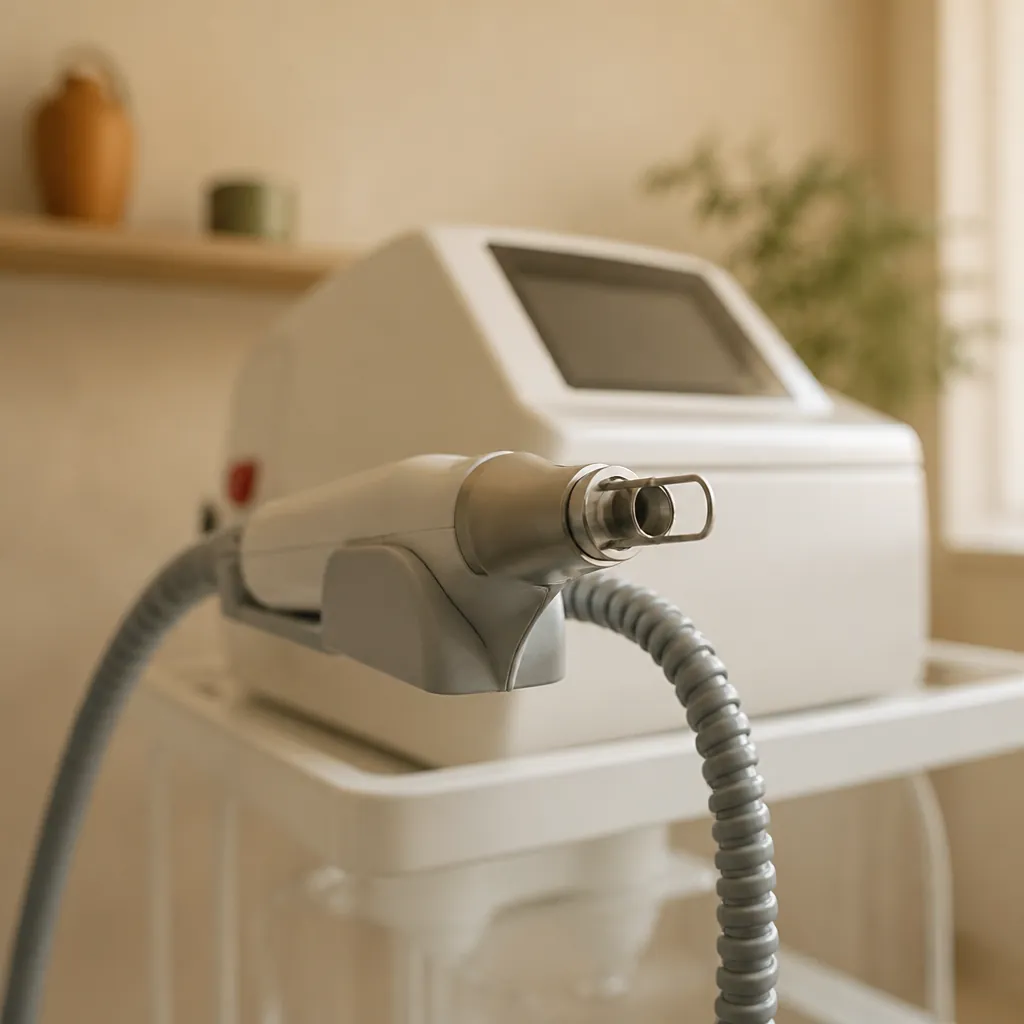Appareil laser blanc au repos sur son support, pièce à main et gaine annelée en premier plan