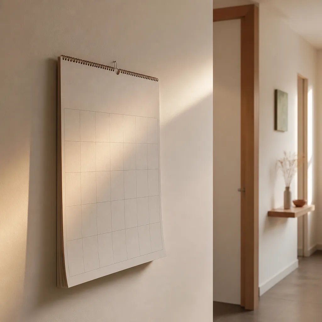 Calendrier mural aux cases vierges accroché dans un couloir de cabinet, lumière rasante